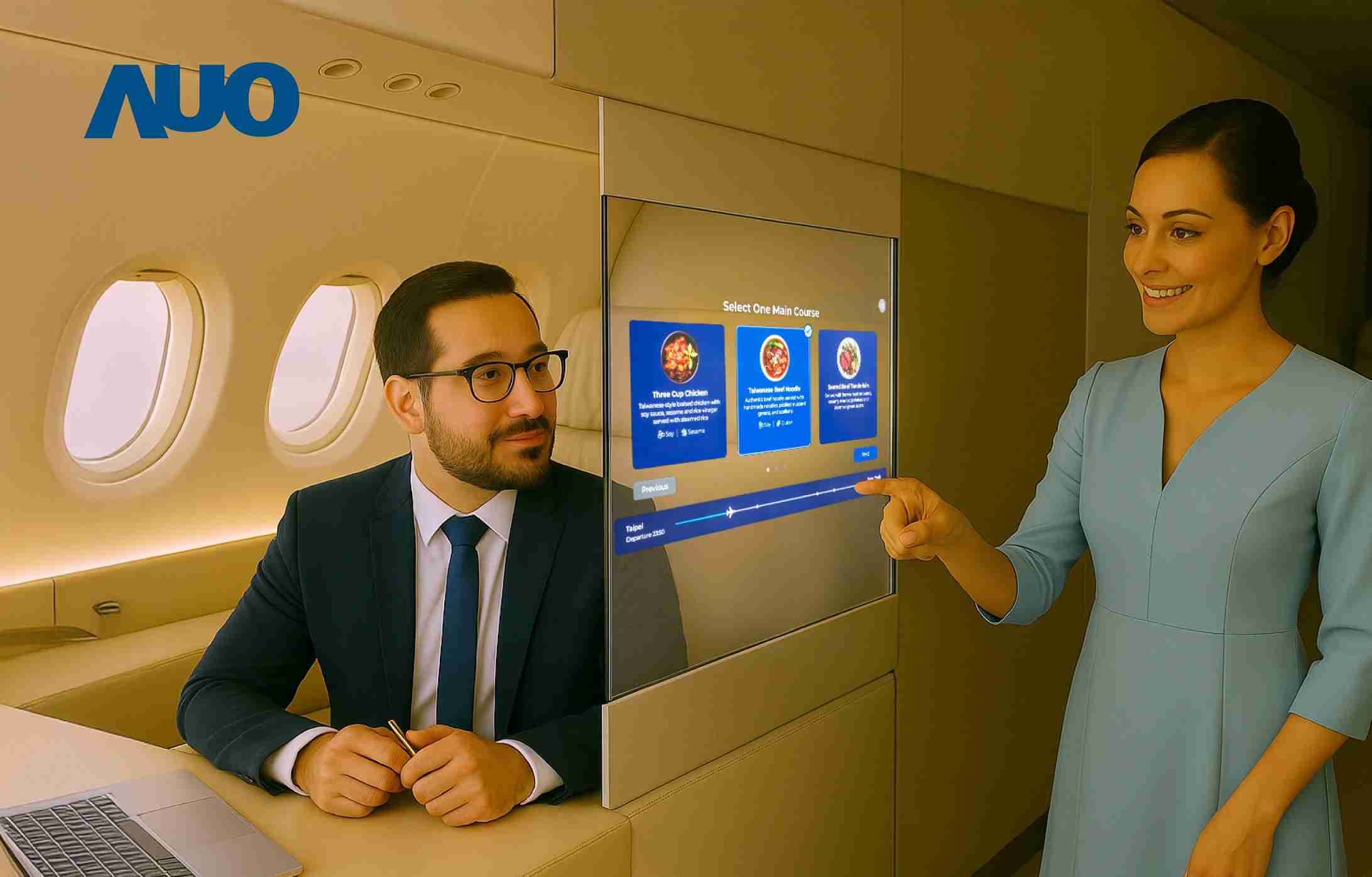 CG电子研发全球最薄17.3 吋双面透明 Micro LED 显示器，，，，可在同一屏幕之双边投射不同信息，，，，创造独特的”透明化”互动；图为实时翻译交流应用情境